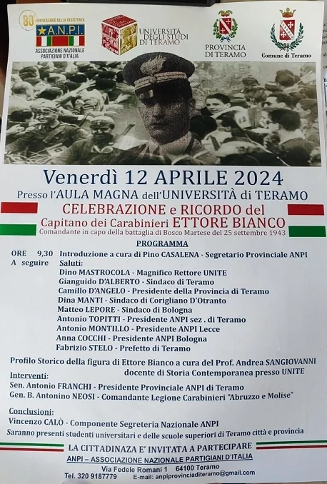 Celebrazioni e ricordo della figura del Capitano dei Carabinieri Ettore Bianco, comandante in capo della battaglia di Bosco Martese