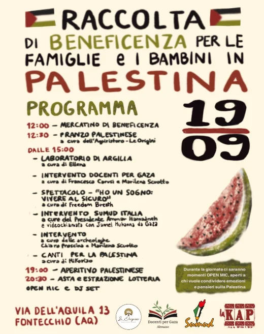 FONTECCHIO: SABATO ALLA KAP RACCOLTA DI BENEFICENZA A FAVORE DELLE FAMIGLIE E DEI BAMBINI DI PALESTINA