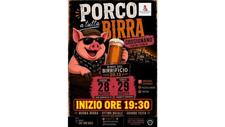 A COSSIGNANO ESPLODE LA FESTA CON “PORCO A TUTTA BIRRA” TRA GUSTO, TRADIZIONE GASTRONOMICA E TANTA MUSICA LIVE