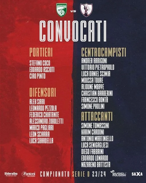 Samb, lista ufficiale dei convocati