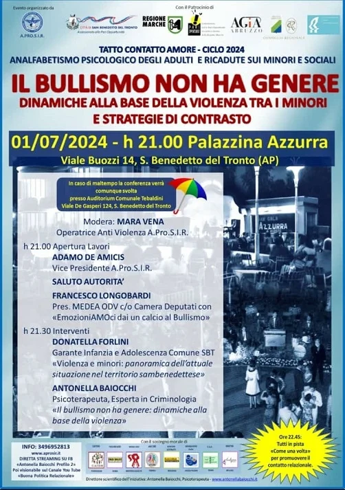 Lunedì 1 luglio presso la Palazzina Azzurra dibattito "Il bullismo non ha genere"