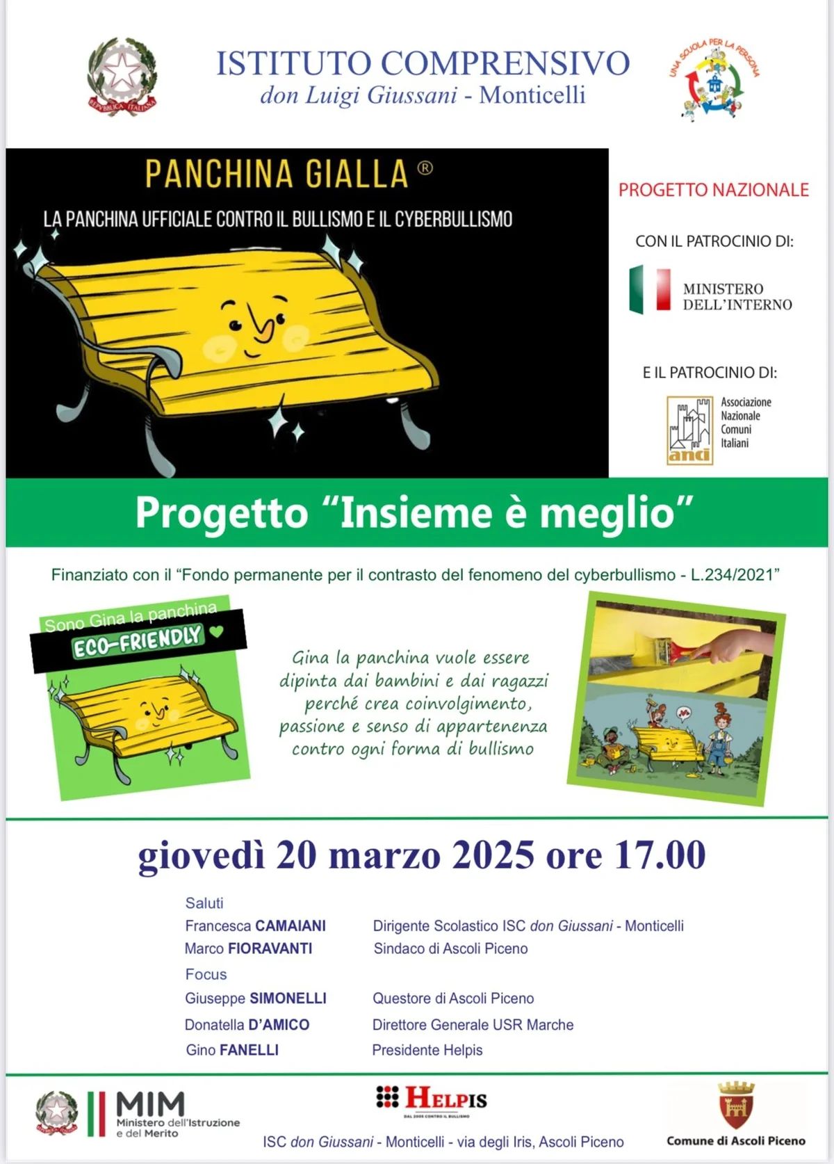 Giovedì 20 marzo l'inaugurazione della "Panchina Gialla" contro il bullismo e il cyberbullismo, realizzata nell'ambito del progetto "Insieme è meglio" vinto dall'ISC don Giussani-Monticelli