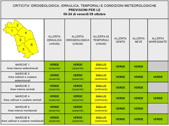 Allerta meteo per la giornata di venerdì 9 ottobre 2026