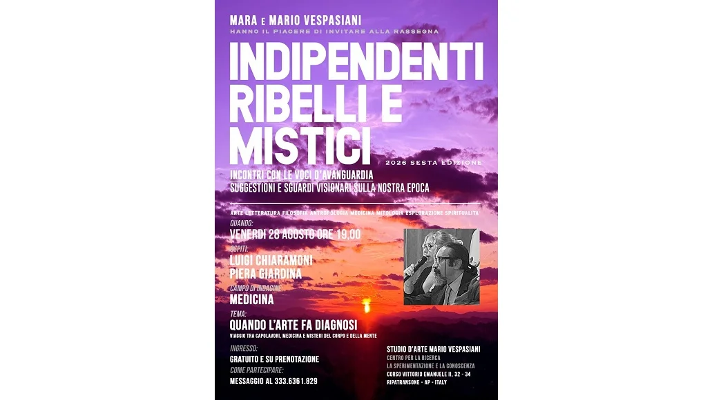  Un imperdibile incontro tra arte e medicina nell’ambito della rassegna “Indipendenti, Ribelli e Mistici”. Ospiti il neurologo Luigi Chiaramoni e l’avvocato Piera Giardina