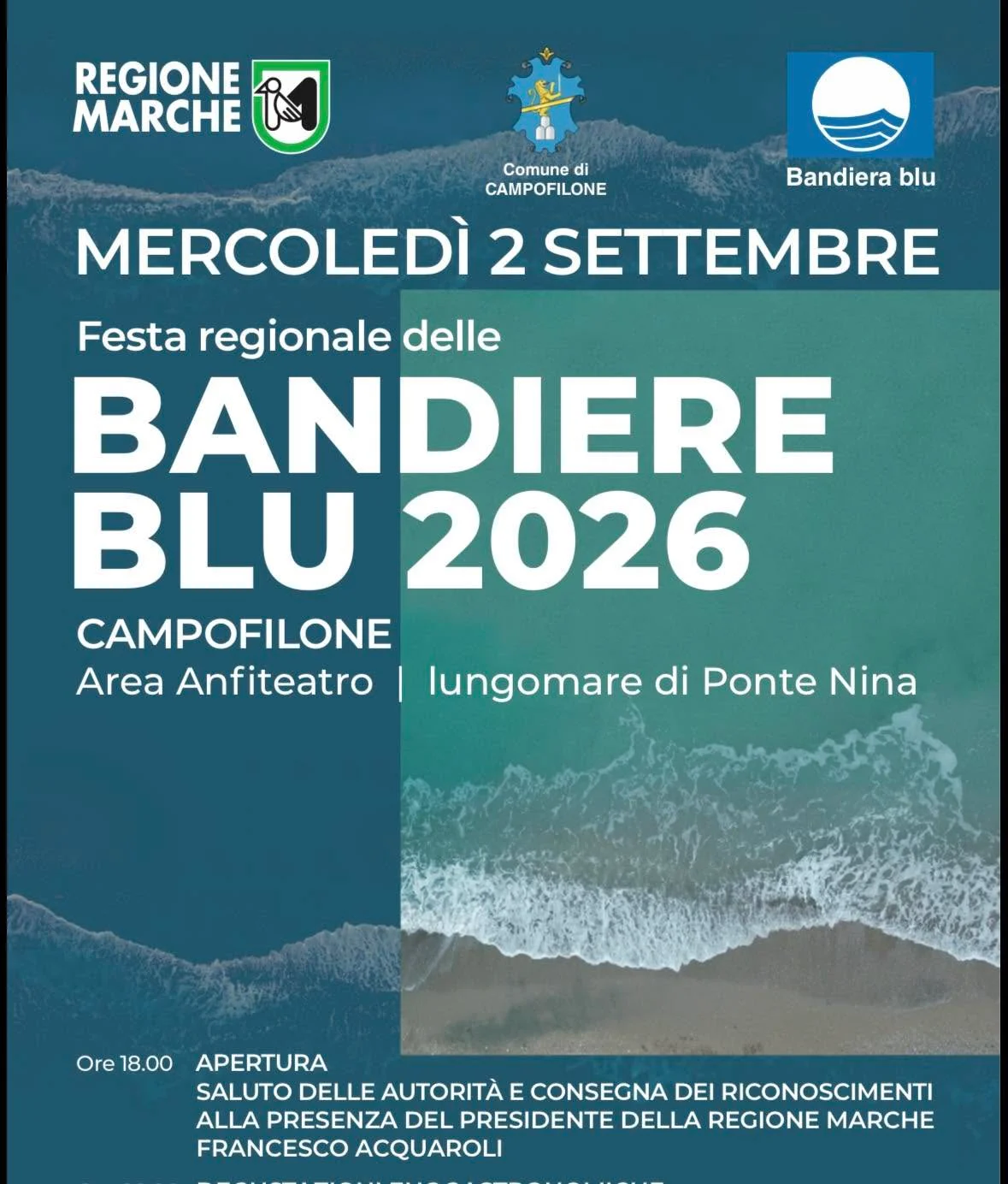 DOMANI A CAMPOFILONE LA FESTA REGIONALE DELLE BANDIERE BLU 2026