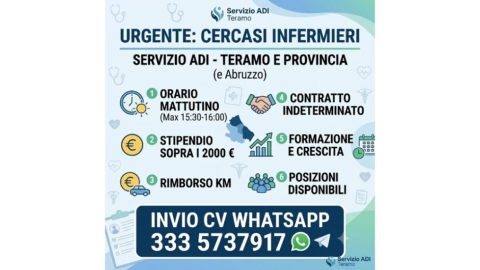 Sanità Abruzzo: caccia agli infermieri per l'Assistenza Domiciliare (ADI). Ottimi compensi mensili e orari 'family friendly'