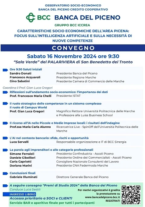 La Banca del Piceno organizza un importante convegno dal titolo "Caratteristiche socio-economiche dell'area Picena: focus sull'intelligenza artificiale e sulla necessità di nuove competenze"