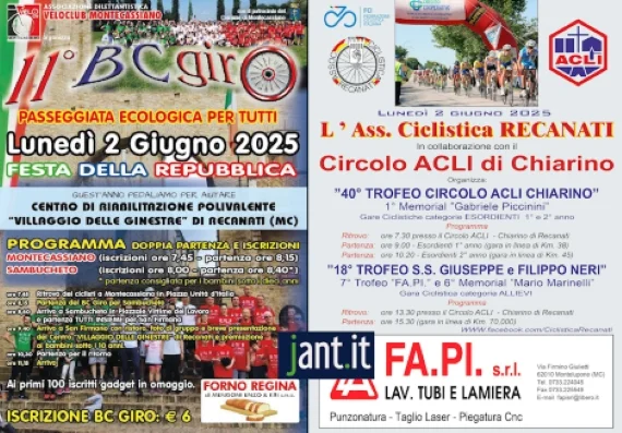 FCI Marche: il 2 giugno in sella a Chiarino di Recanati, Montecassiano e appuntamento col Bicimparo giovanissimi ad Acquasanta Terme
