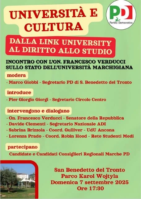Il PD San Benedetto organizza un incontro dedicato allo stato di salute del diritto allo studio e dell'Università nelle Marche
