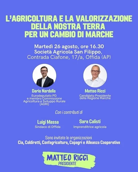 Offida, martedì 26 agosto Ricci lancia l'iniziativa "Agricoltura e valorizzazione della terra per un cambio di Marche"