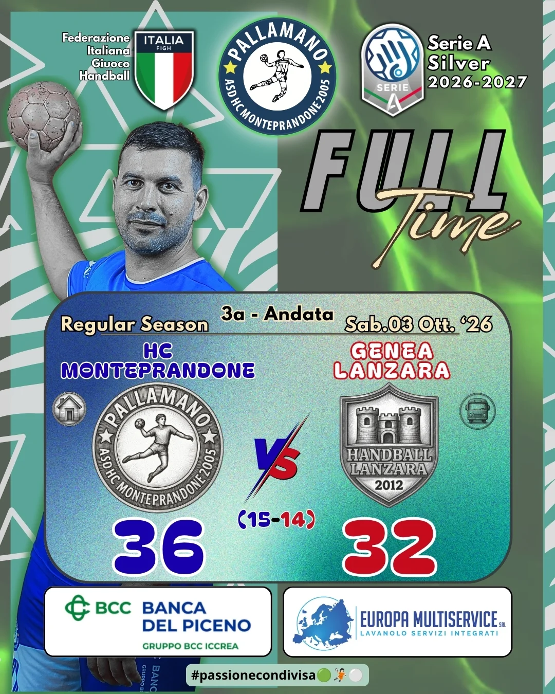 PALLAMANO SERIE A SILVER: MONTEPRANDONE – GENEA LANZARA 36–32