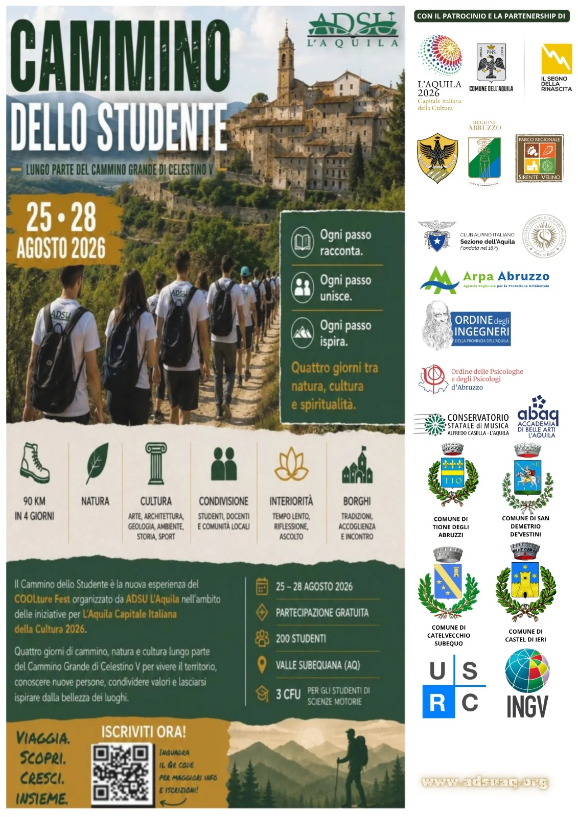 ADSU L'AQUILA: AL VIA "IL CAMMINO DELLO STUDENTE", INIZIA IL VIAGGIO ALLA SCOPERTA DELLE AREE INTERNE
