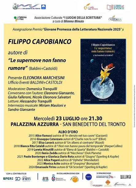 Filippo Capobianco premiato alla Palazzina Azzurra di San Benedetto per "Le supernove non fanno rumore"