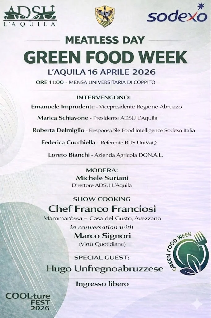 ADSU L'AQUILA: UNIVAQ E AZIENDA PER IL DIRITTO AGLI STUDI ADERISCONO ALLA GREEN FOOD WEEK.