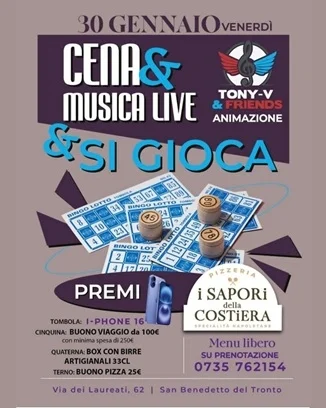 Venerdì 30 gennaio appuntamento presso la Pizzeria I Sapori della Costiera con cena, musica & grande tombola