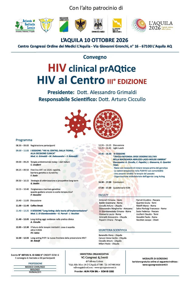 ORDINE MEDICI L'AQUILA: ESPERTI DA TUTTA ITALIA PER CONVEGNO SULL'HIV, "TERRITORIO PUNTO DI RIFERIMENTO NAZIONALE"