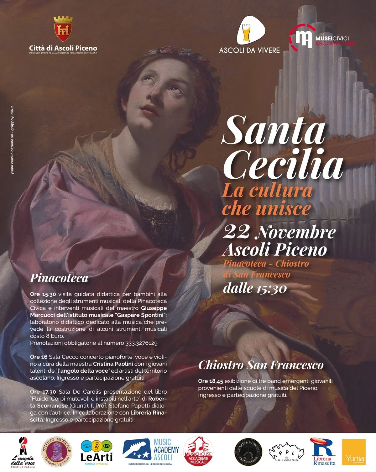 Santa Cecilia celebrata tra musica e arte, ecco gli appuntamenti di sabato tra Pinacoteca e chiostro di San Francesco