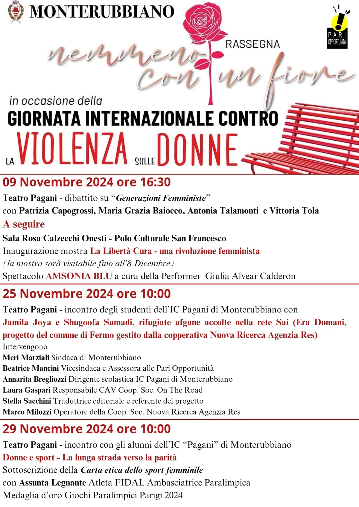 MONTERUBBIANO: DA DOMANI AL VIA IL MESE DI “NEMMENO CON UN FIORE”, IN OCCASIONE DELLA GIORNATA INTERNAZIONALE CONTRO LA VIOLANZA SULLE DONNE.