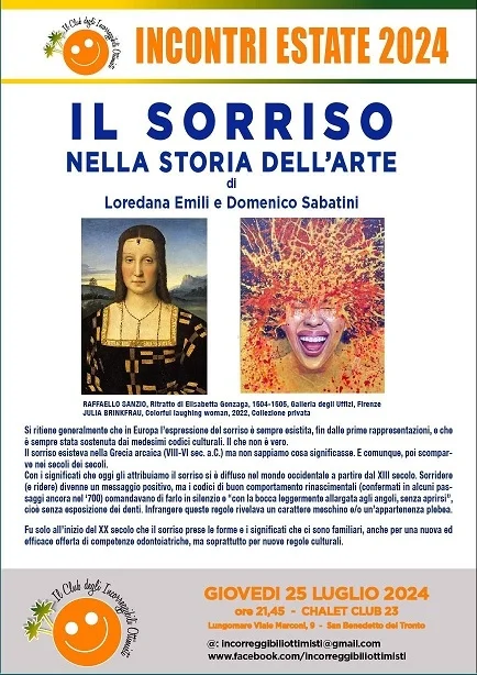 Incontri Estate 2024, presso lo chalet Club 23 (conc. 23) si parlerà de "IL SORRISO NELLA STORIA DELL’ARTE"