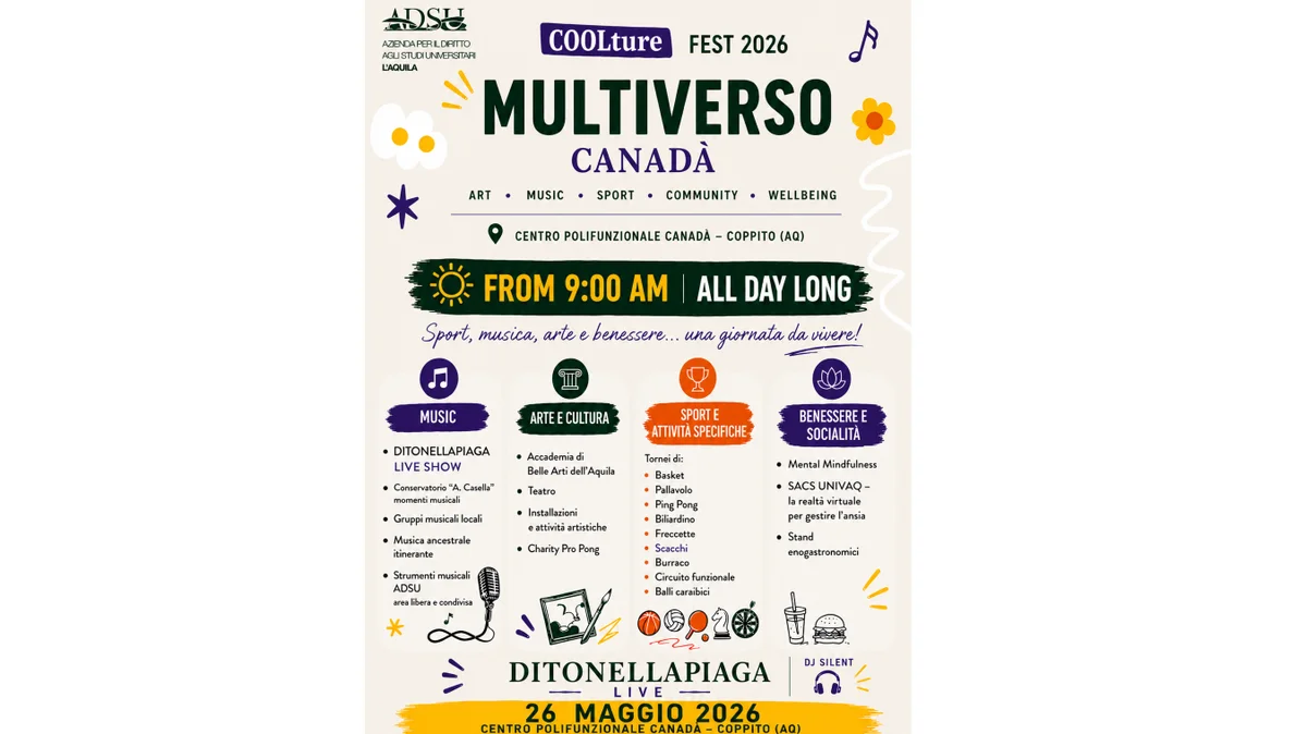MUSICA, SPORT E SOCIALITÀ NEGLI SPAZI UNIVERSITARI: IL 26 MAGGIO ARRIVA “MULTIVERSO CANADÀ”, L’EVENTO PROMOSSO DA ADSU L’AQUILA