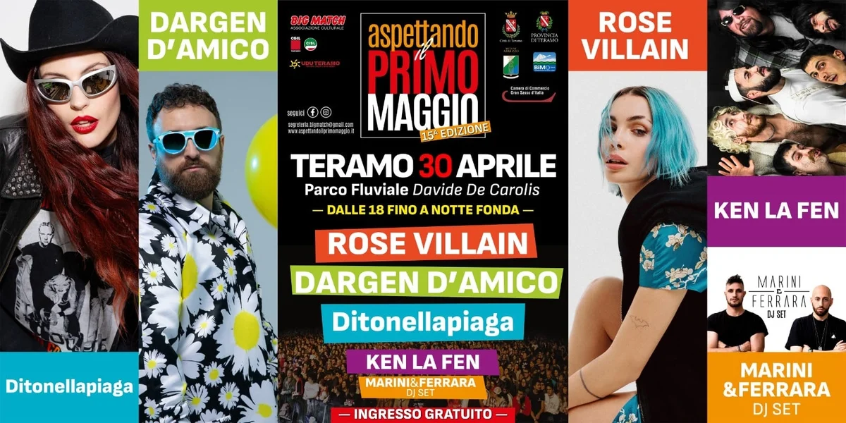 Domani a Teramo torna “Aspettando il Primo Maggio”. Gli artisti: Rose Villain, Dargen D’Amico, Ditonellapiaga, Ken La Fen