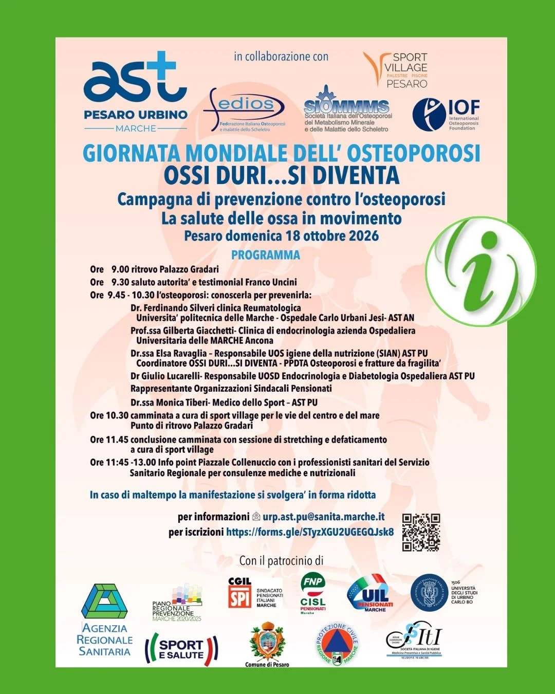 GIORNATA MONDIALE DELL’OSTEOPOROSI: L’AST PESARO URBINO ORGANIZZA L’EVENTO CENTRALE “OSSI DURI… SI DIVENTA”. TESTIMONIAL FRANCO UNCINI