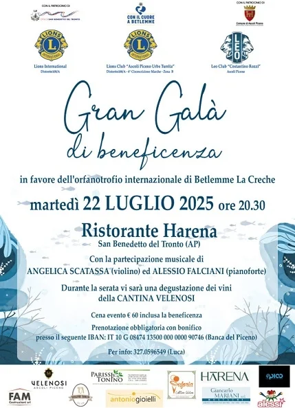 Martedì 22 luglio a San Benedetto Gran Galà di Beneficenza organizzato dal Lions Club Ascoli Piceno Urbs Turrita