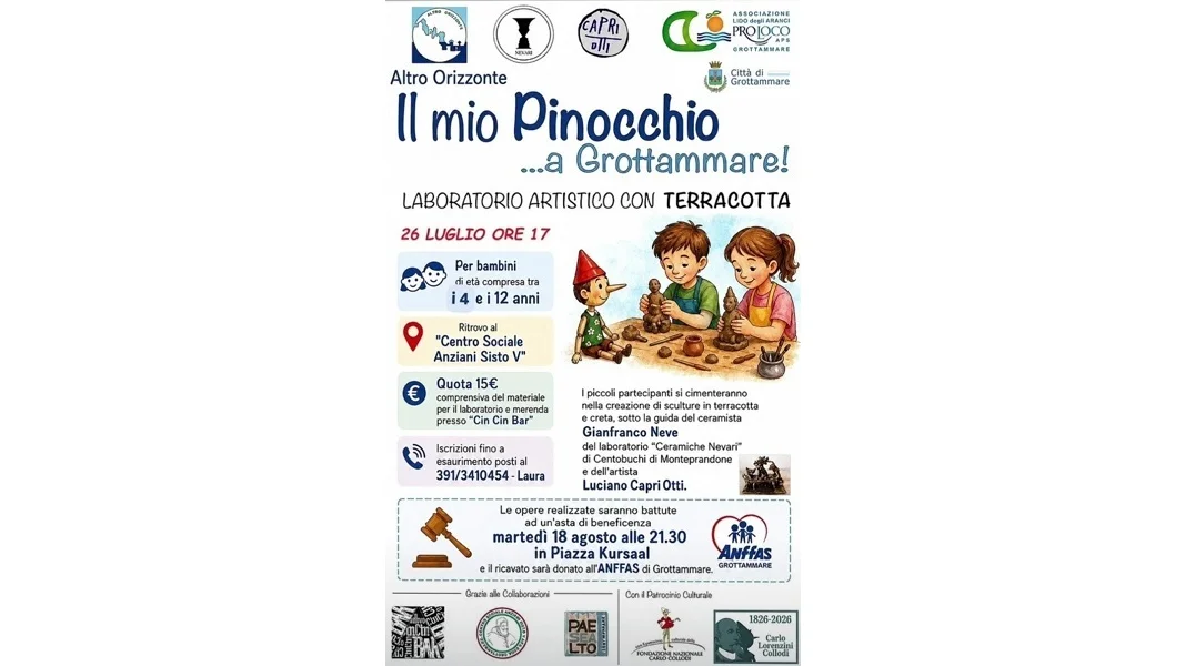 Domenica 26 luglio "Il mio Pinocchio...a Grottammare" laboratorio artistico con terracotta