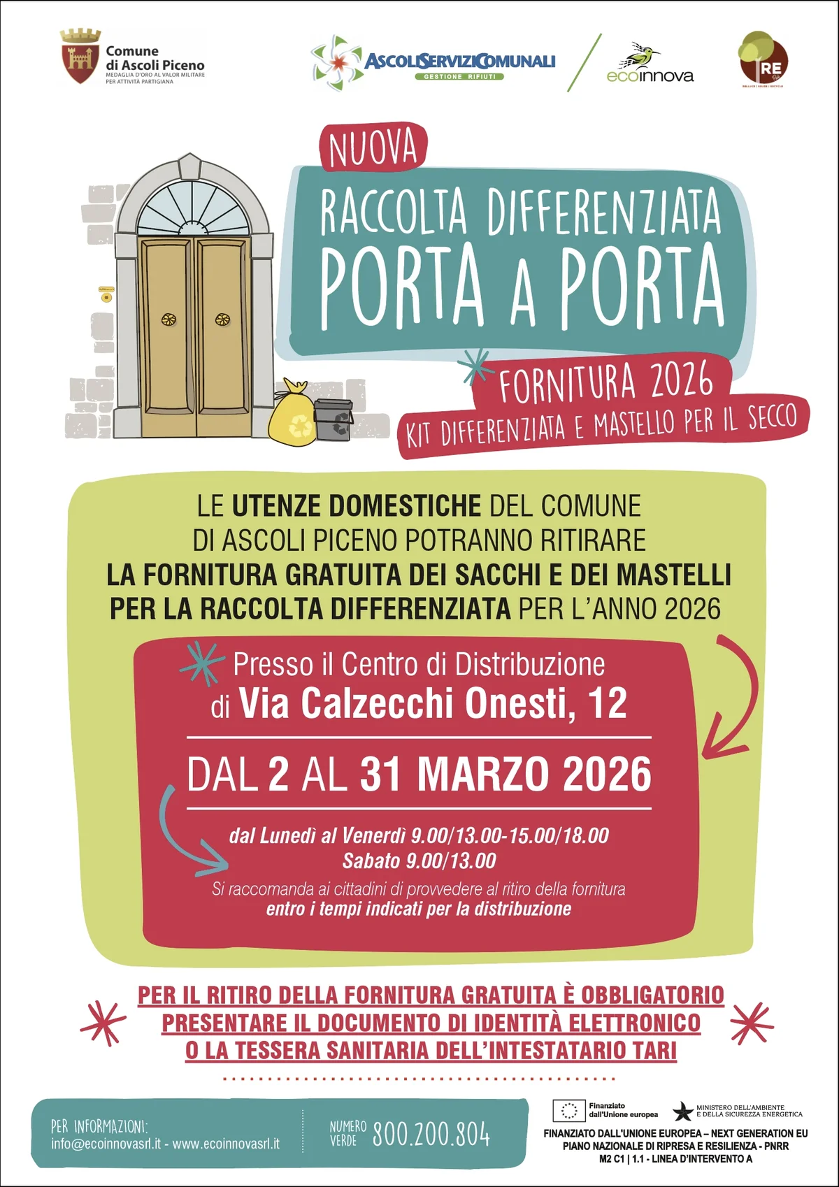 Lunedì 2 marzo al via la consegna gratuita dei kit per la raccolta differenziata
