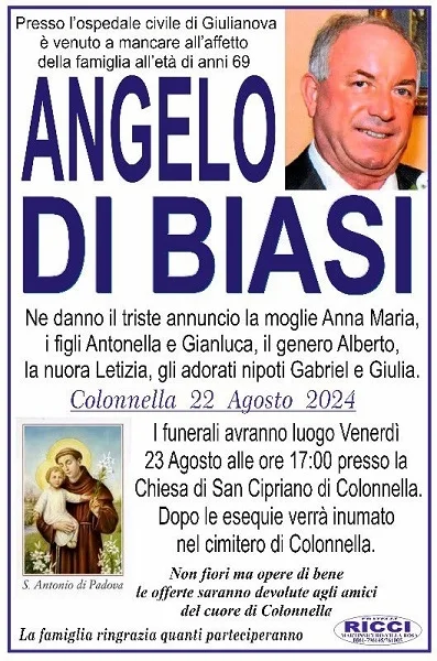 Lutto per la scomparsa di Angelo Di Biasi