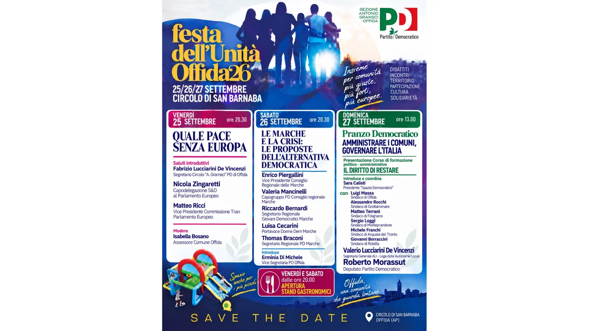 Festa dell’Unità di Offida 2026: tre giorni di politica, comunità e convivialità