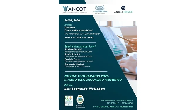 Grottammare ospita il convegno ANCOT sulle novità dichiarative 2026 e sul Concordato Preventivo