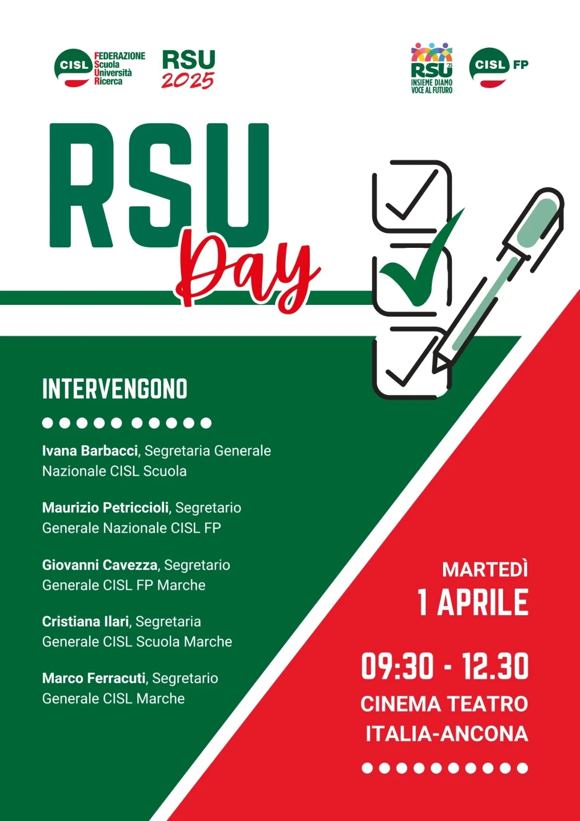 1 aprile 2025 “RSU Day” CISL SCUOLA e CISL FP Marche al Cinema Teatro Italia di Ancona