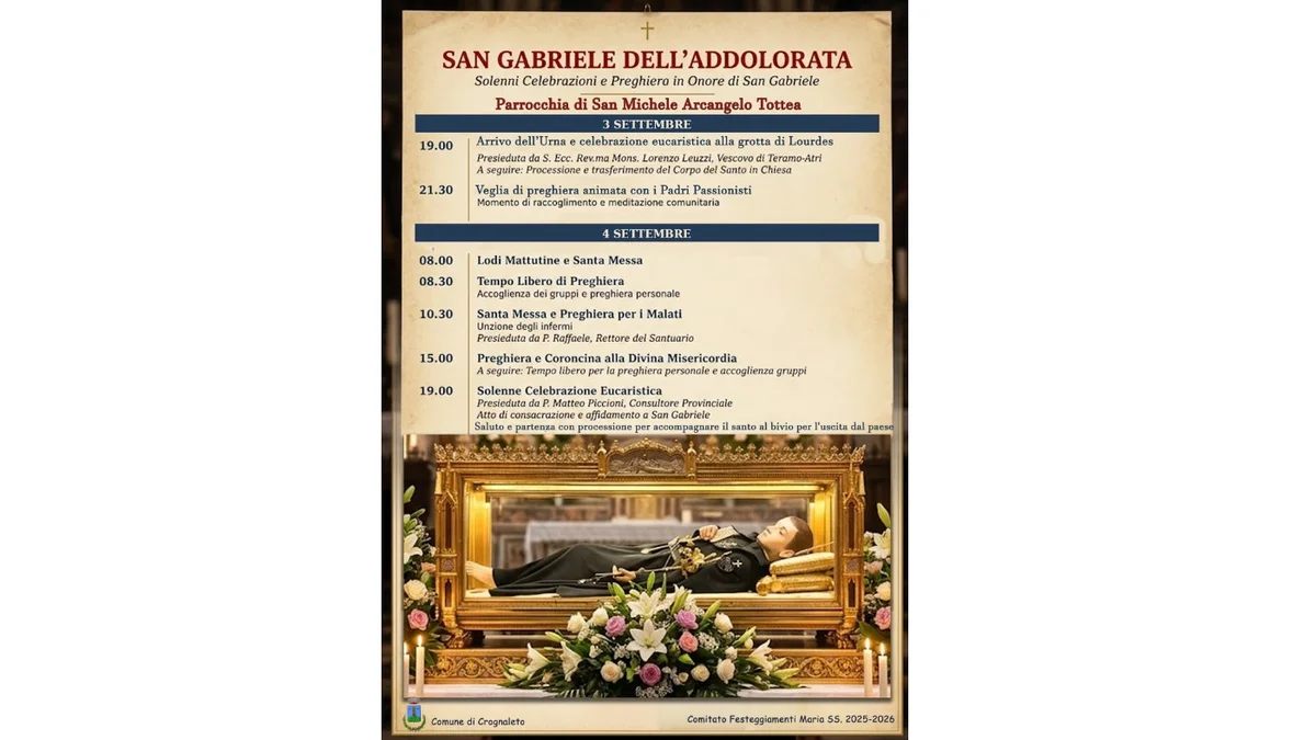 L'urna di San Gabriele arriva a Tottea di Crognaleto: solenni celebrazioni il 3 e 4 settembre