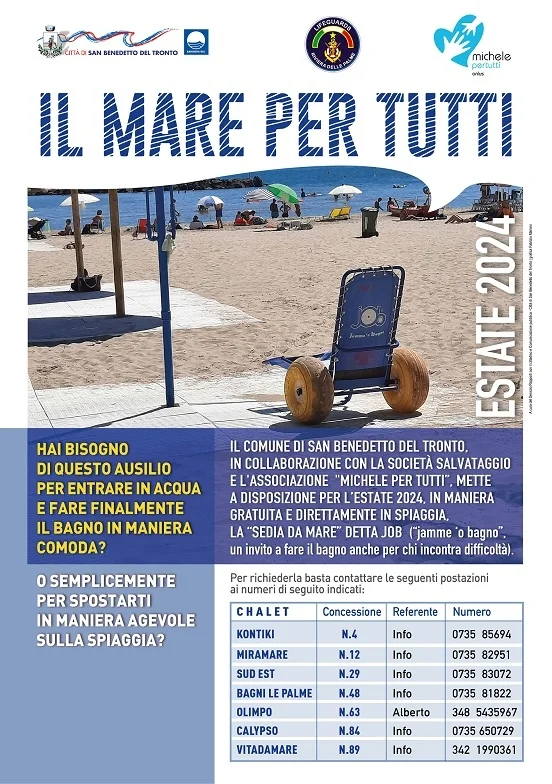 Il Mare per Tutti con michelepertutti, sedie job gratuite a San Benedetto per chi deve spostarsi in spiaggia