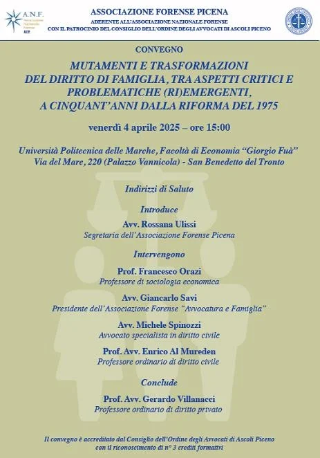 A San Benedetto convegno "Mutamenti e trasformazioni del diritto di famiglia, tra aspetti critici e problematiche (ri)emergenti, a cinquant'anni dalla riforma del 1975"