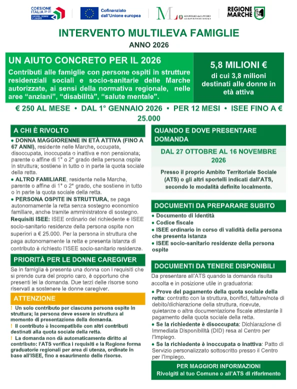 BANDO MULTILEVA, 5,8 MILIONI NEL 2026 PER SOSTENERE LE FAMIGLIE CON PERSONE NELLE STRUTTURE RESIDENZIALI