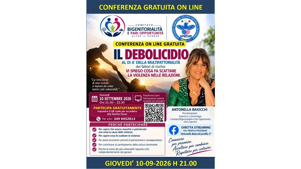 Videoconferenza gratuita sul debolicidio giovedì 10 settembre 2026 