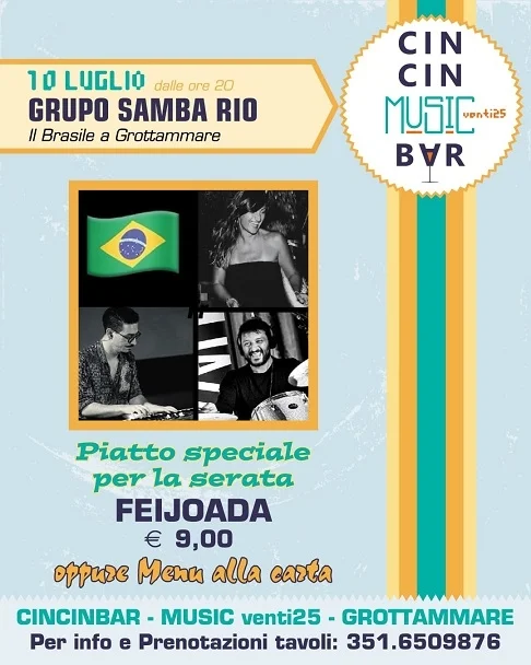 Cincinbar Music venti25, giovedì 10 luglio esibizione del Grupo Samba Rio