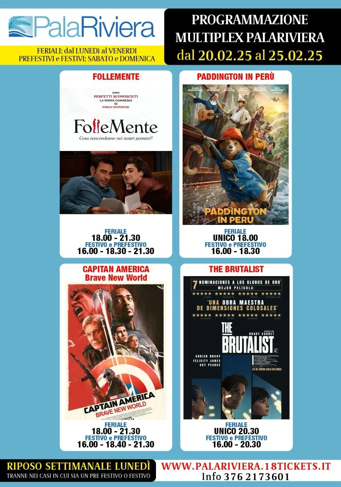 Programmazione Multiplex Palariviera dal 20 al 25 febbraio 2025