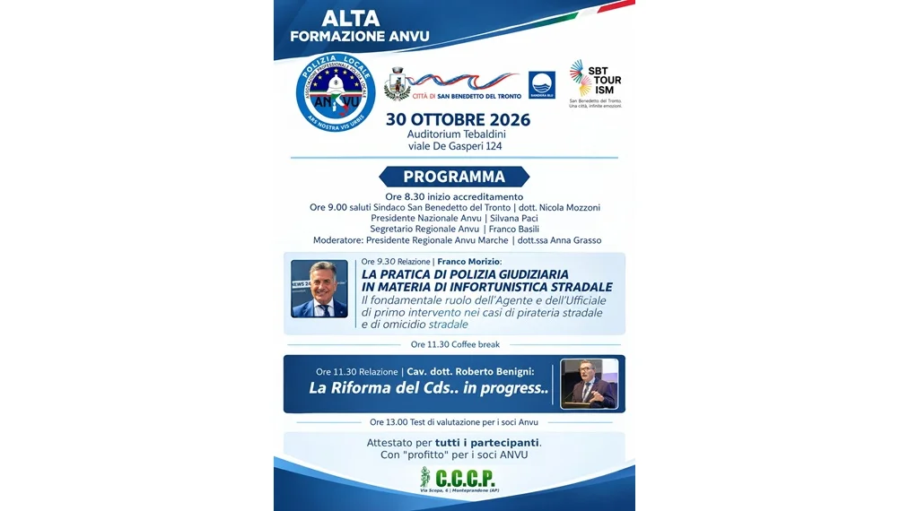 Presso l’Auditorium Tebaldini di San Benedetto si svolgerà un’importante giornata di studio organizzata dall’Anvu (Associazione Professionale Polizia Locale)