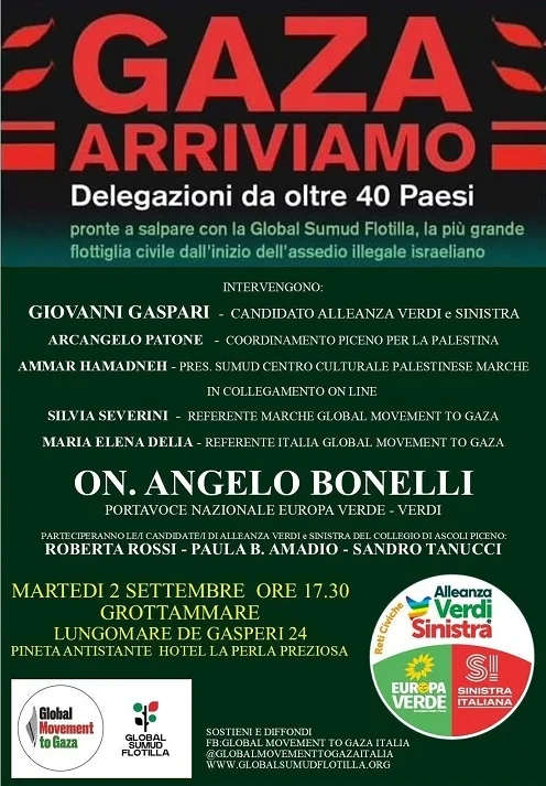 Martedì 2 settembre a Grottammare evento "Gaza arriviamo"