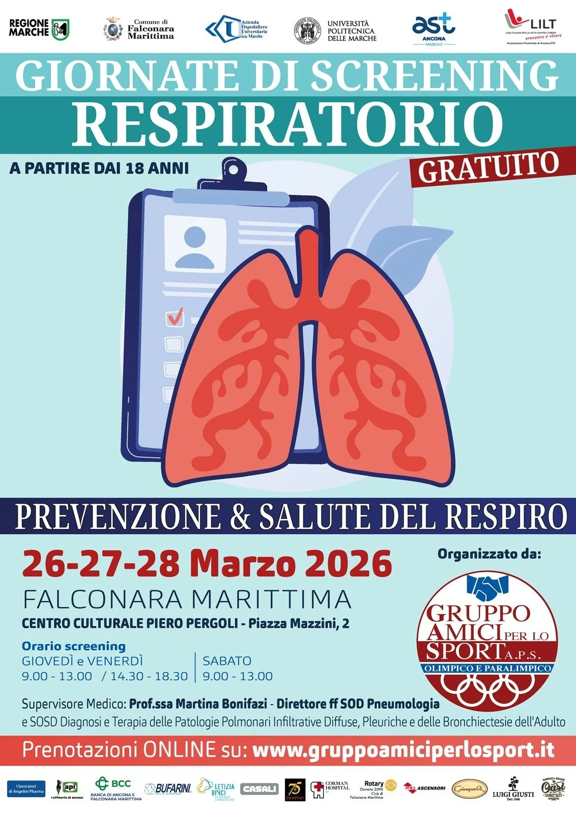 Il Gruppo Amici per lo Sport mette al centro la salute con screening respiratori gratuiti in tre incontri a fine marzo