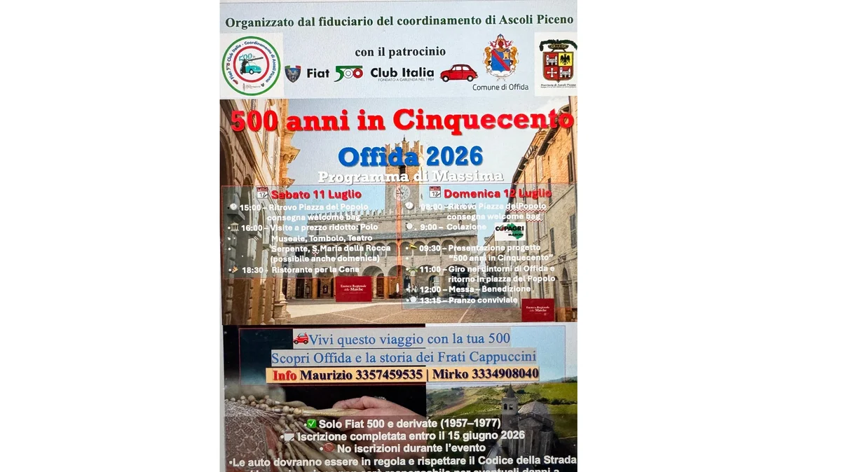 A Offida incontro tra fede e motori. Frati Cappuccini e Fiat 500, un legame nato lo stesso 4 luglio