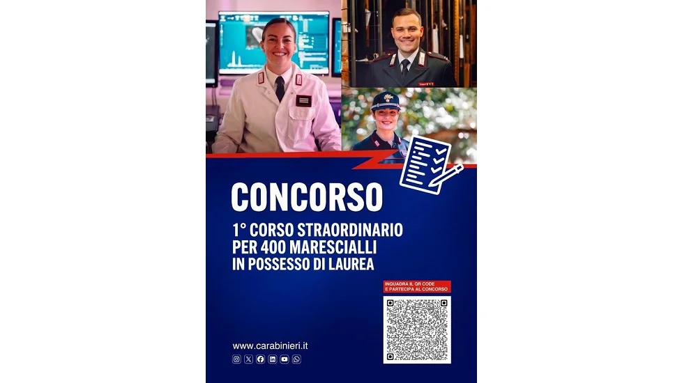 CARABINIERI: PROROGATA AL 9 NOVEMBRE LA SCADENZA DEL CONCORSO STRAORDINARIO PER 400 ALLIEVI MARESCIALLI IN POSSESSO DI LAUREA