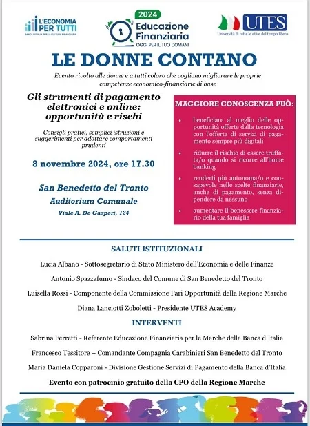 Il Comitato per l’Educazione Finanziaria per le Marche della Banca d’Italia organizza un evento formativo dal titolo “Le donne contano”