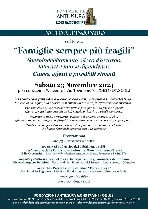 Sabato 23 novembre si terrà l'incontro sul tema "Famiglie sempre più fragili"