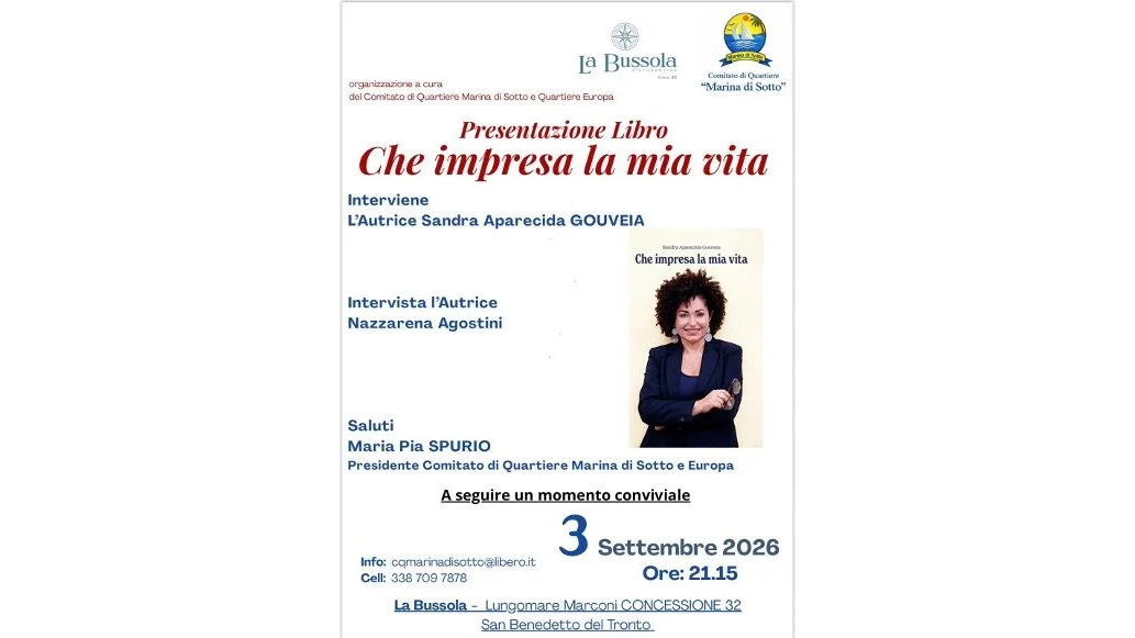 Presso lo stabilimento balneare "La Bussola"presentazione del libro “Che impresa la mia vita” di Sandra Aparecida Gouveia.