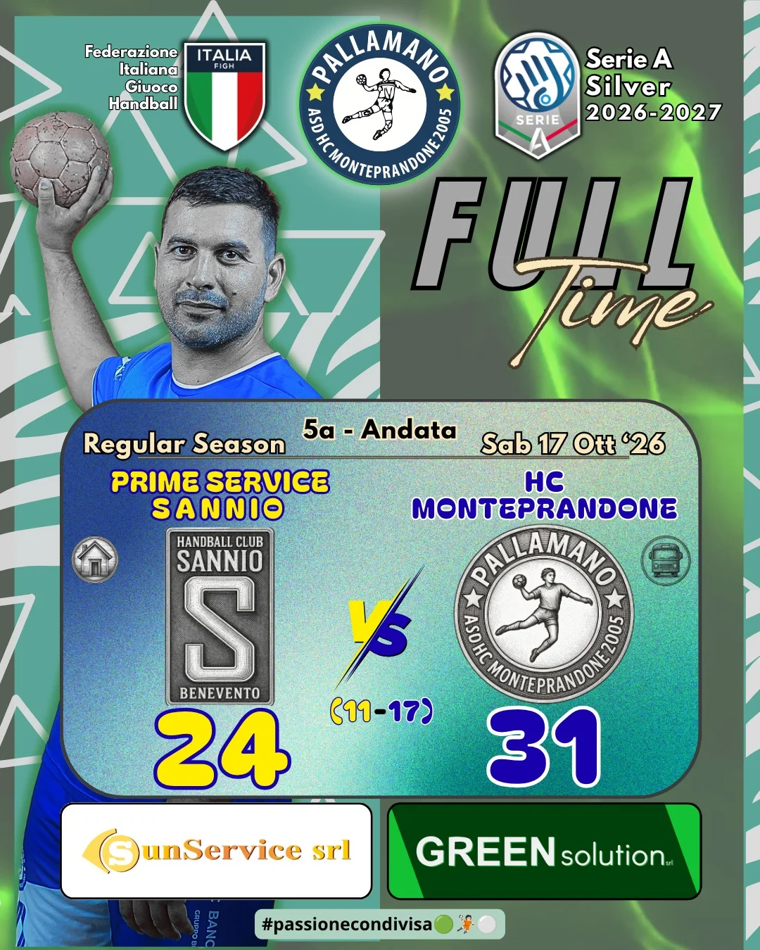 Pallamano Serie A Silver: SANNIO - MONTEPRANDONE  24-31