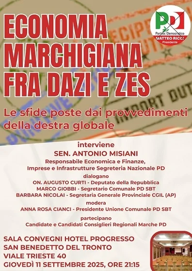 Giovedì 11 settembre presso l'Hotel progresso si parlerà di "Economia marchigiana fra dazi e ZES"